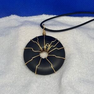 Black and Gold Wire Wrapped Pendant Necklace